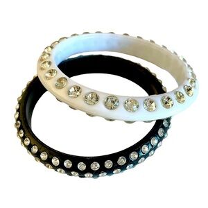 Lot Of Two Vintage Rhinestone Studded Lucite Bangle Bracelets Black And White